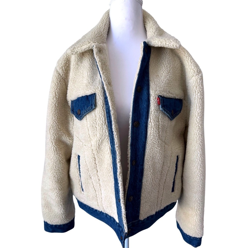 Levi's Premium Sherpa Trucker Jacket Denim Jean Trim Cream Faux Fur Size M